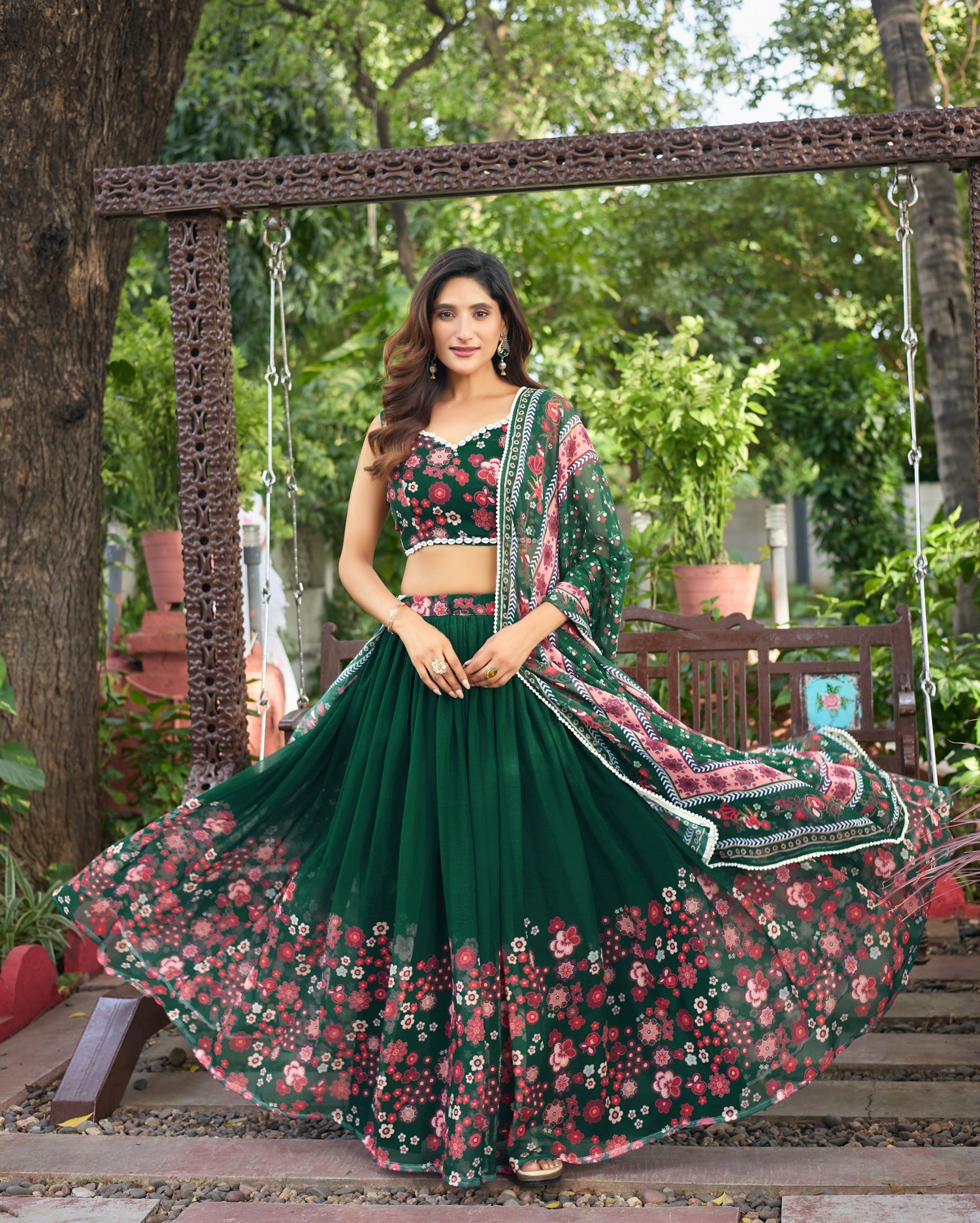 Lorenvalley Fashion Green Georgette Digital Printed Lehenga Choli with Dupatta | Grocsy