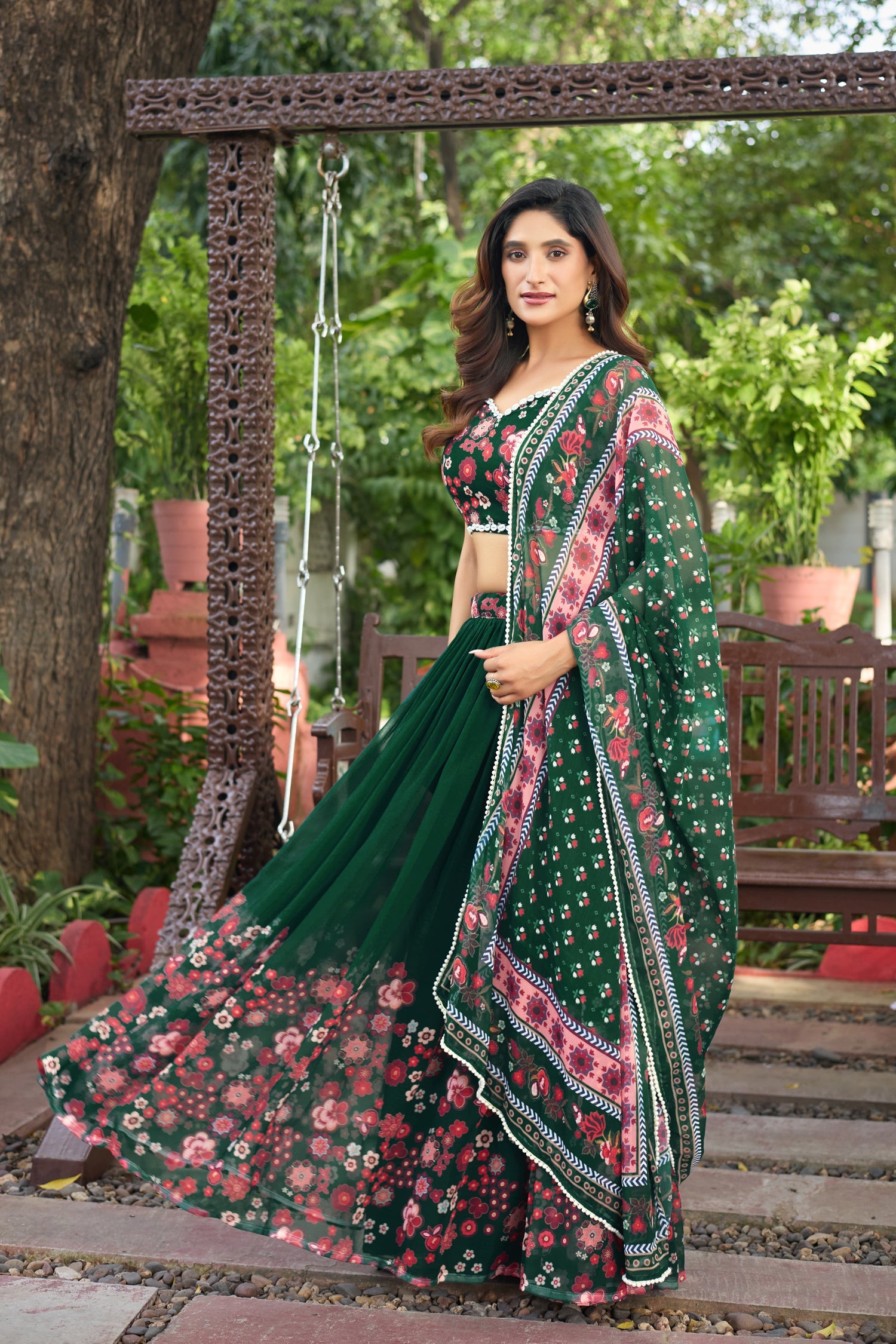 Lorenvalley Fashion Green Georgette Digital Printed Lehenga Choli with Dupatta | Grocsy