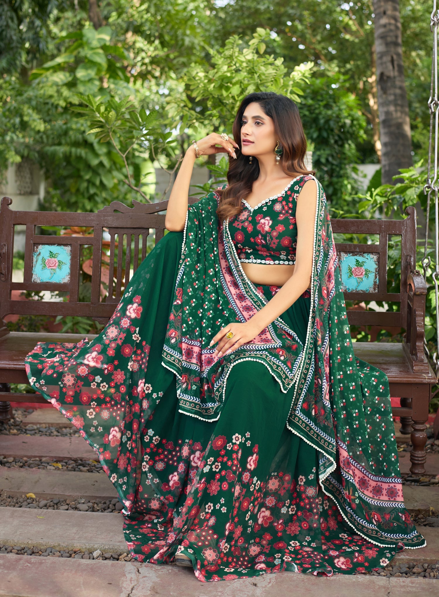 Lorenvalley Fashion Green Georgette Digital Printed Lehenga Choli with Dupatta | Grocsy