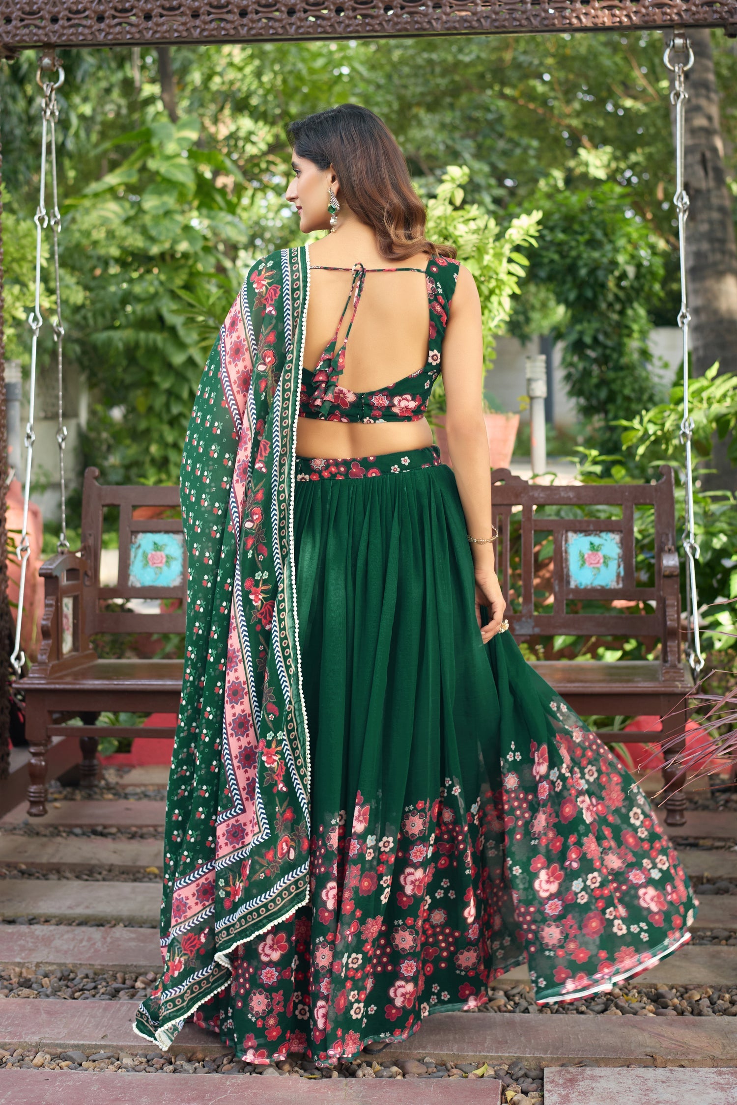 Lorenvalley Fashion Green Georgette Digital Printed Lehenga Choli with Dupatta | Grocsy