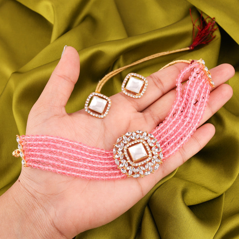 Tehzeeb Creations Brass Gold-Polished Gold, Pink, White Jewel Set | Grocsy