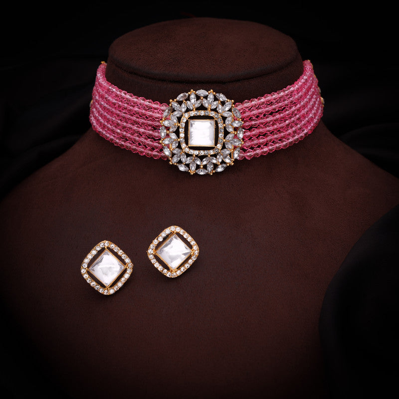 Tehzeeb Creations Brass Gold-Polished Gold, Pink, White Jewel Set | Grocsy