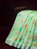 Shades of Apple Green With Turquoise Green Blouse Floral Design Semi Chanderi Saree By Gayathri Reddy Designer Studio | Grocsy