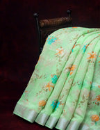Shades of Apple Green With Turquoise Green Blouse Floral Design Semi Chanderi Saree By Gayathri Reddy Designer Studio | Grocsy