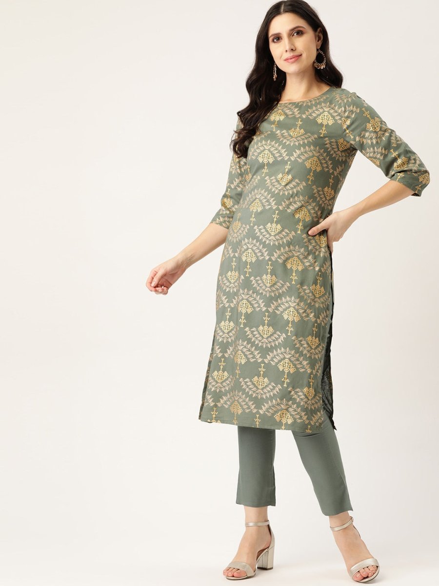 All About You Women Grey & Golden Ethnic Motifs Print Kurta with Trousers | Grocsy