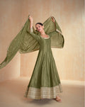 Anaita Olive Green Embroidered Viscose Jacquard Stitched Anarkali Suit | Grocsy