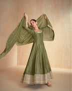 Anaita Olive Green Embroidered Viscose Jacquard Stitched Anarkali Suit | Grocsy