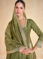 Anaita Olive Green Embroidered Viscose Jacquard Stitched Anarkali Suit | Grocsy