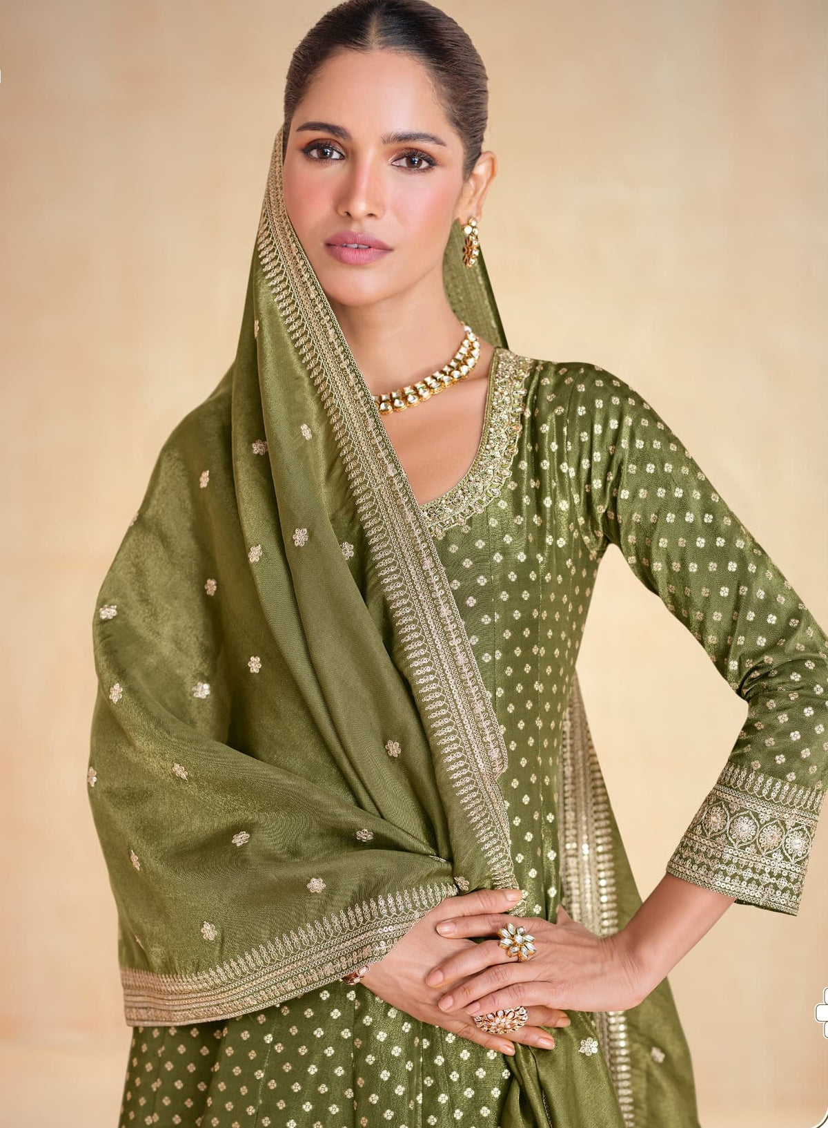 Anaita Olive Green Embroidered Viscose Jacquard Stitched Anarkali Suit | Grocsy