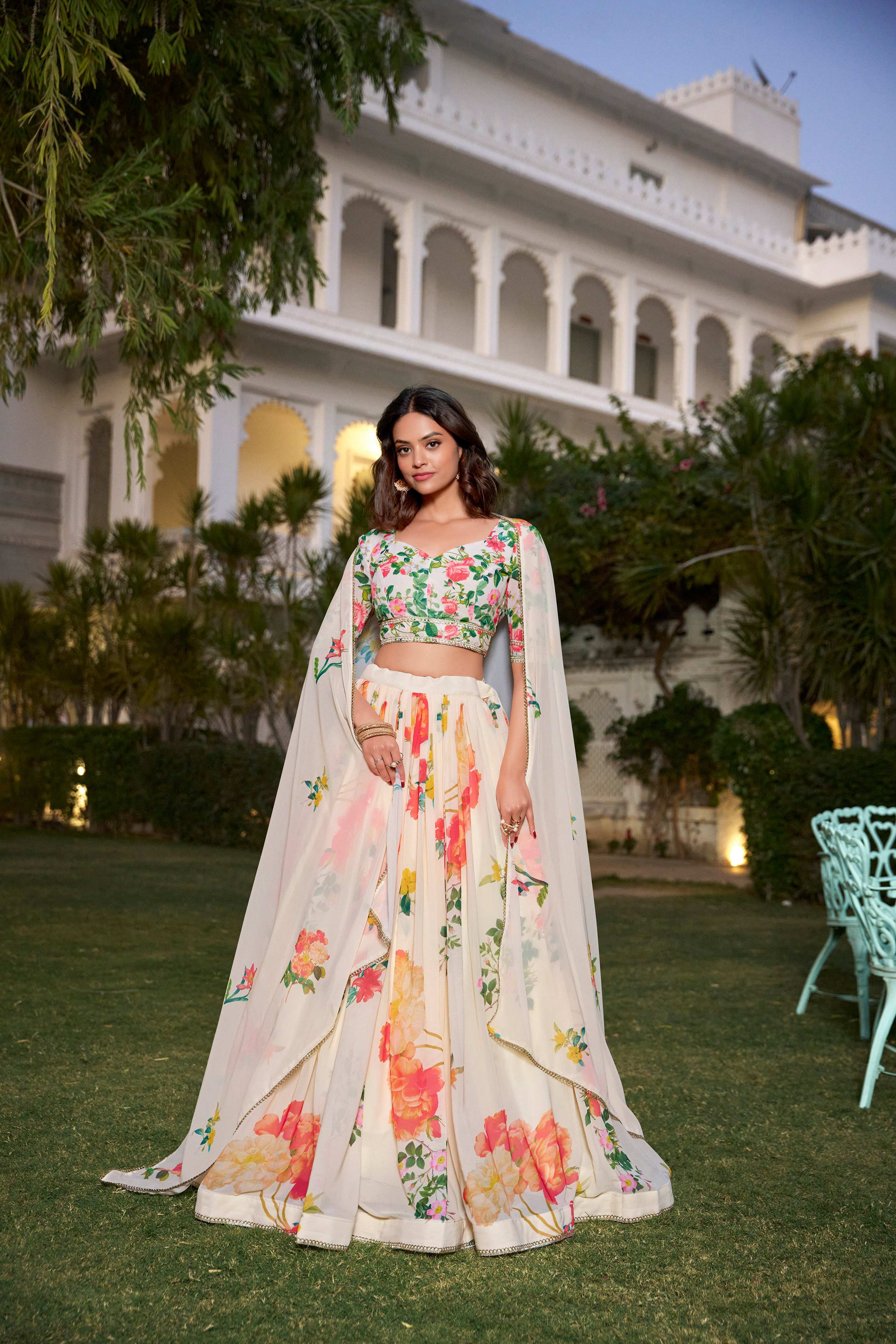 Lorenvalley Fashion Cream Georgette Floral Print With Lace Border Lehenga Choli with Dupatta | Grocsy