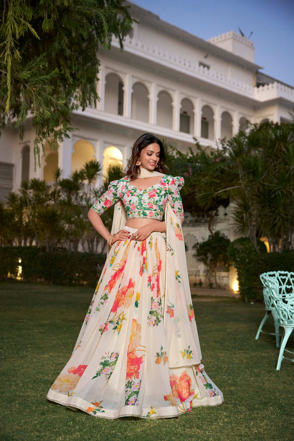 Lorenvalley Fashion Cream Georgette Floral Print With Lace Border Lehenga Choli with Dupatta | Grocsy