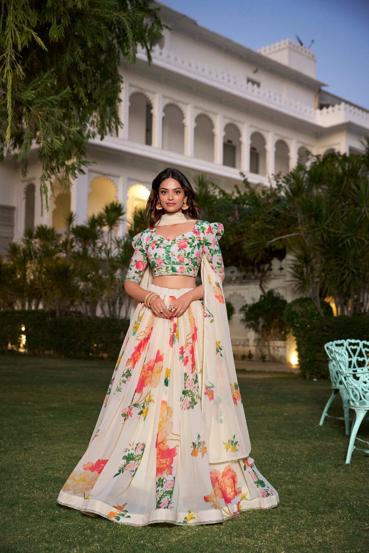 Lorenvalley Fashion Cream Georgette Floral Print With Lace Border Lehenga Choli with Dupatta | Grocsy