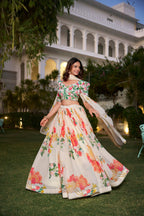 Lorenvalley Fashion Cream Georgette Floral Print With Lace Border Lehenga Choli with Dupatta | Grocsy