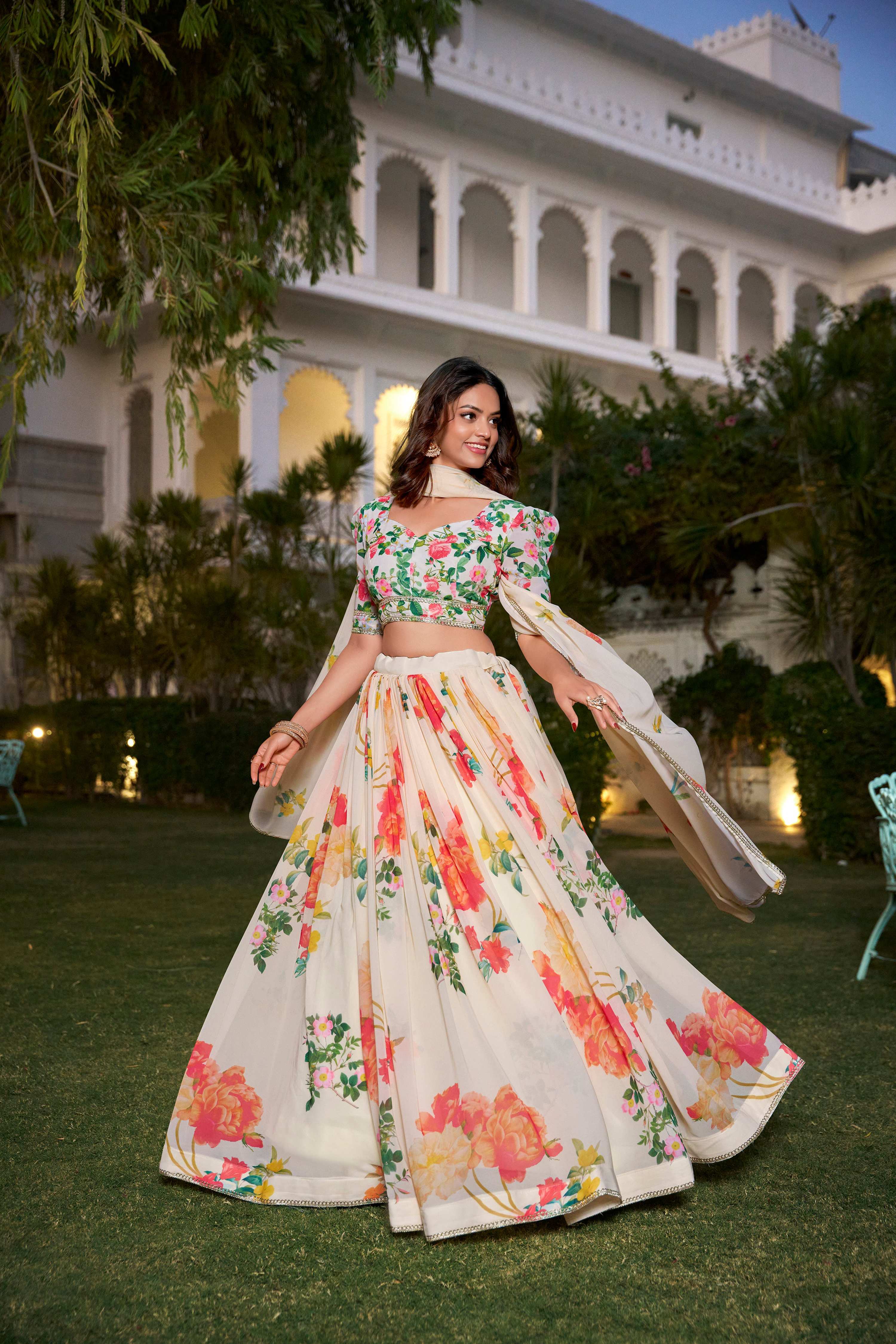 Lorenvalley Fashion Cream Georgette Floral Print With Lace Border Lehenga Choli with Dupatta | Grocsy