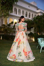 Lorenvalley Fashion Cream Georgette Floral Print With Lace Border Lehenga Choli with Dupatta | Grocsy