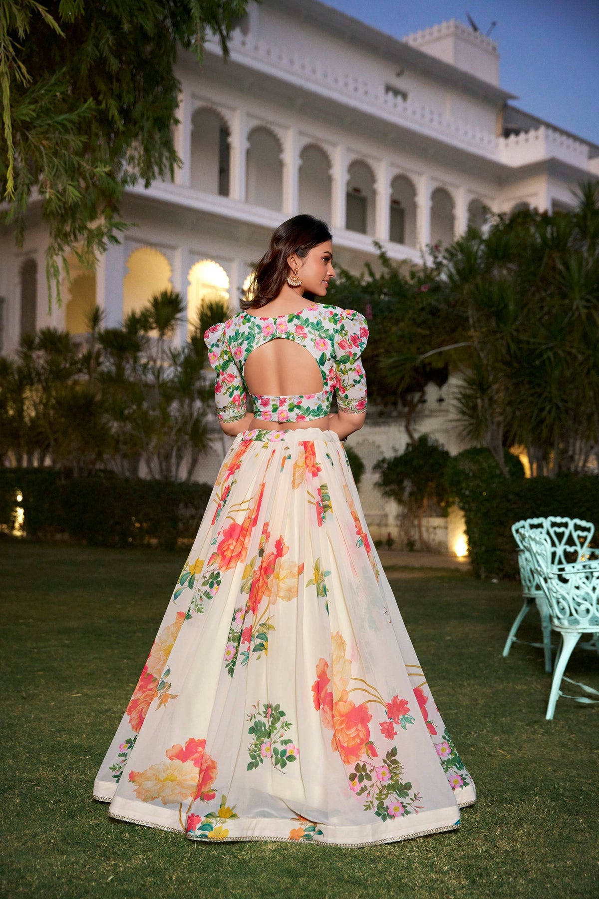 Lorenvalley Fashion Cream Georgette Floral Print With Lace Border Lehenga Choli with Dupatta | Grocsy