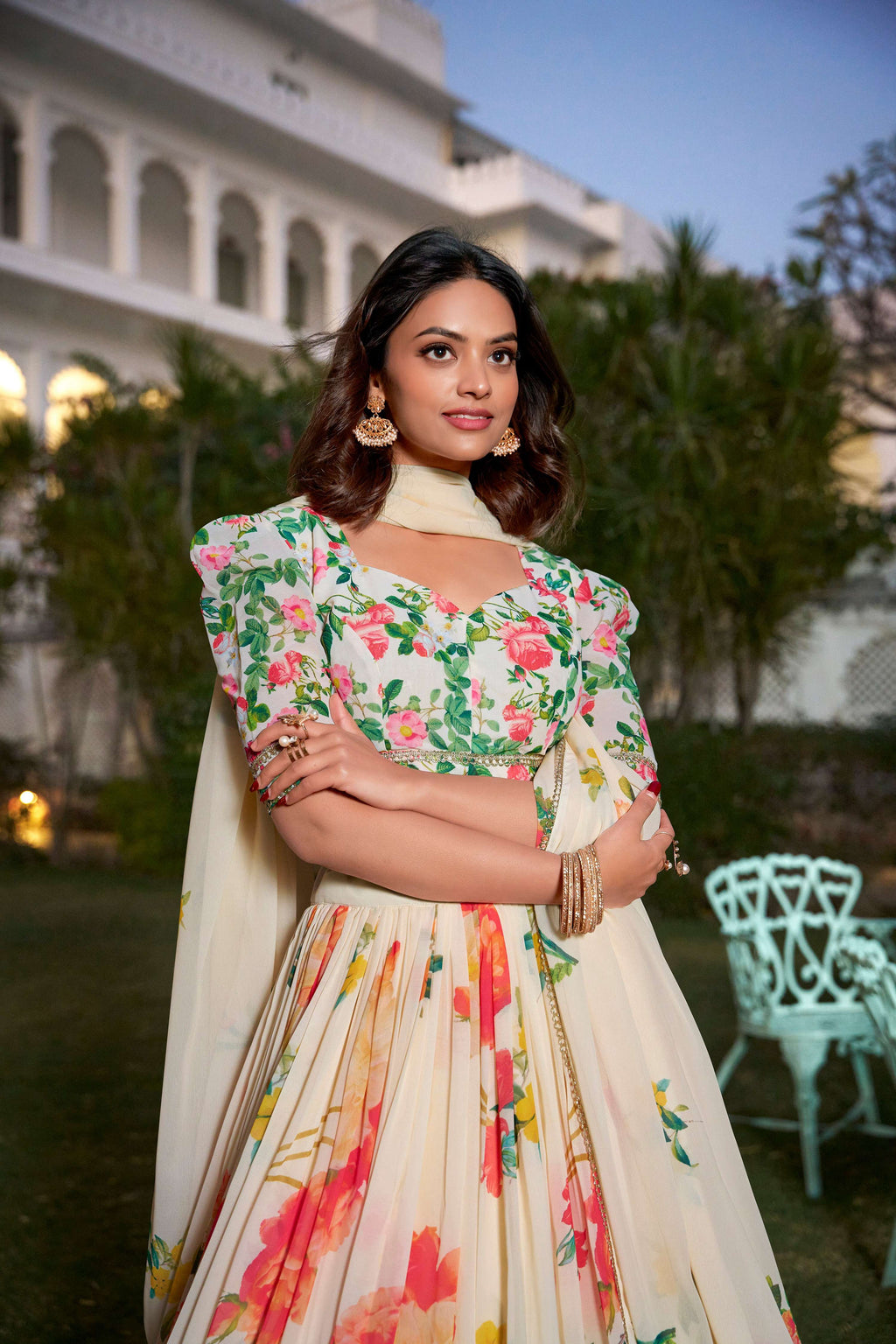 Lorenvalley Fashion Cream Georgette Floral Print With Lace Border Lehenga Choli with Dupatta | Grocsy