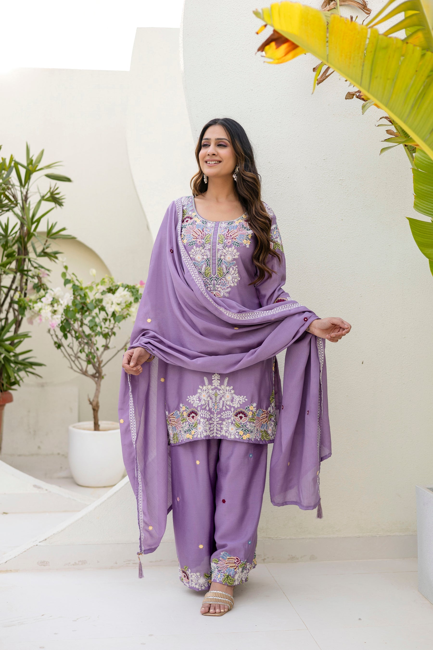 Lorenvalley Fashion Lavender Chinon Embroidery Work With Zardozi Hand Work Kurta Palazzo With Dupatta | Grocsy