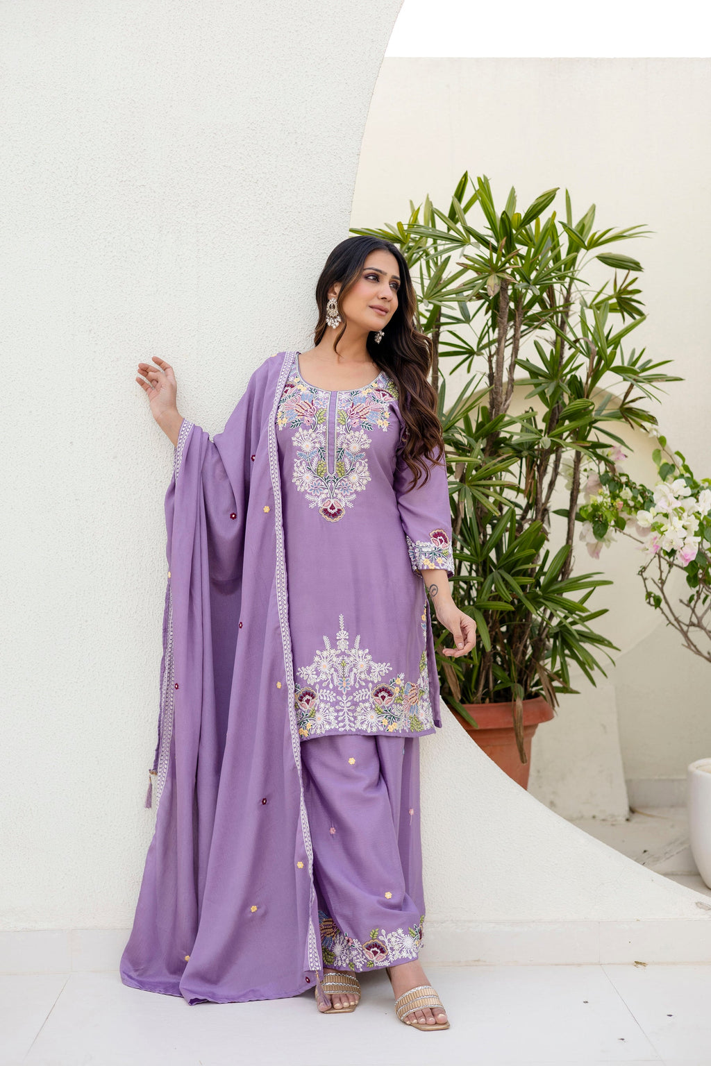 Lorenvalley Fashion Lavender Chinon Embroidery Work With Zardozi Hand Work Kurta Palazzo With Dupatta | Grocsy