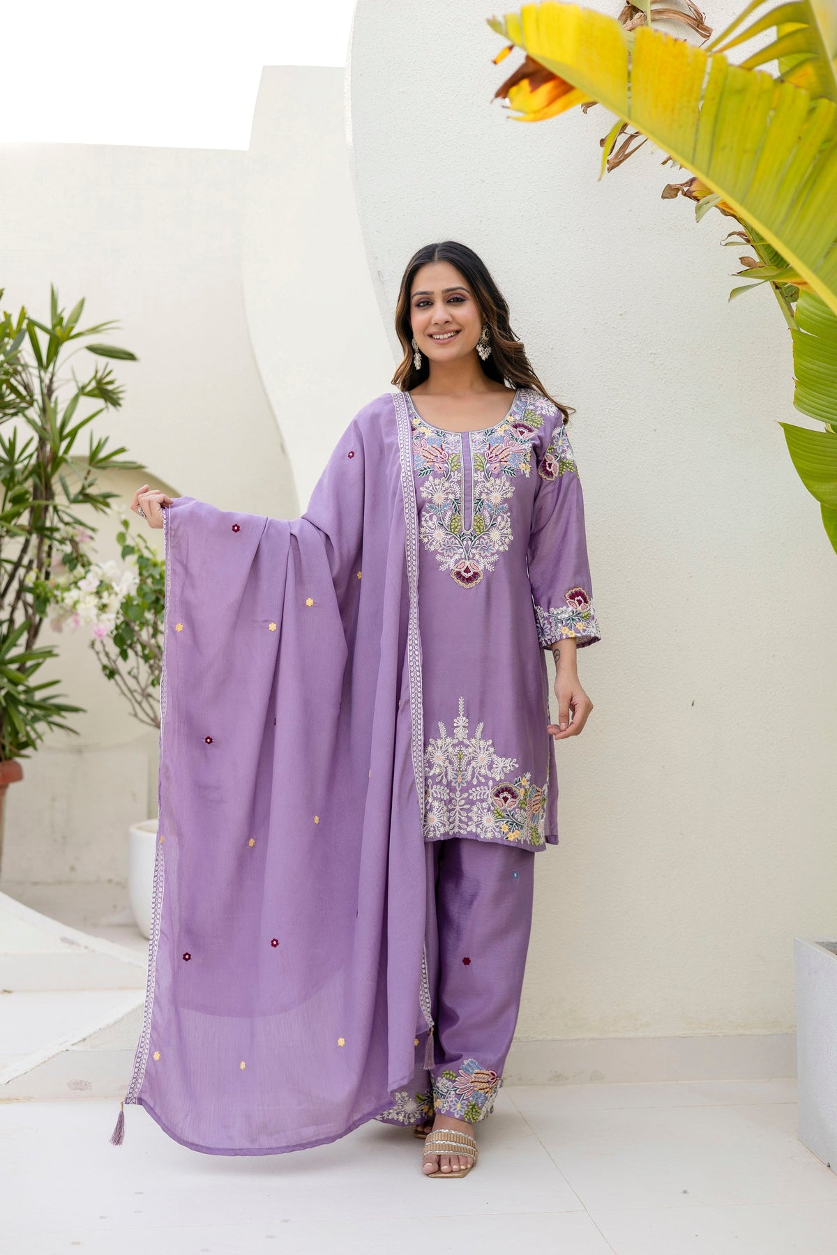 Lorenvalley Fashion Lavender Chinon Embroidery Work With Zardozi Hand Work Kurta Palazzo With Dupatta | Grocsy