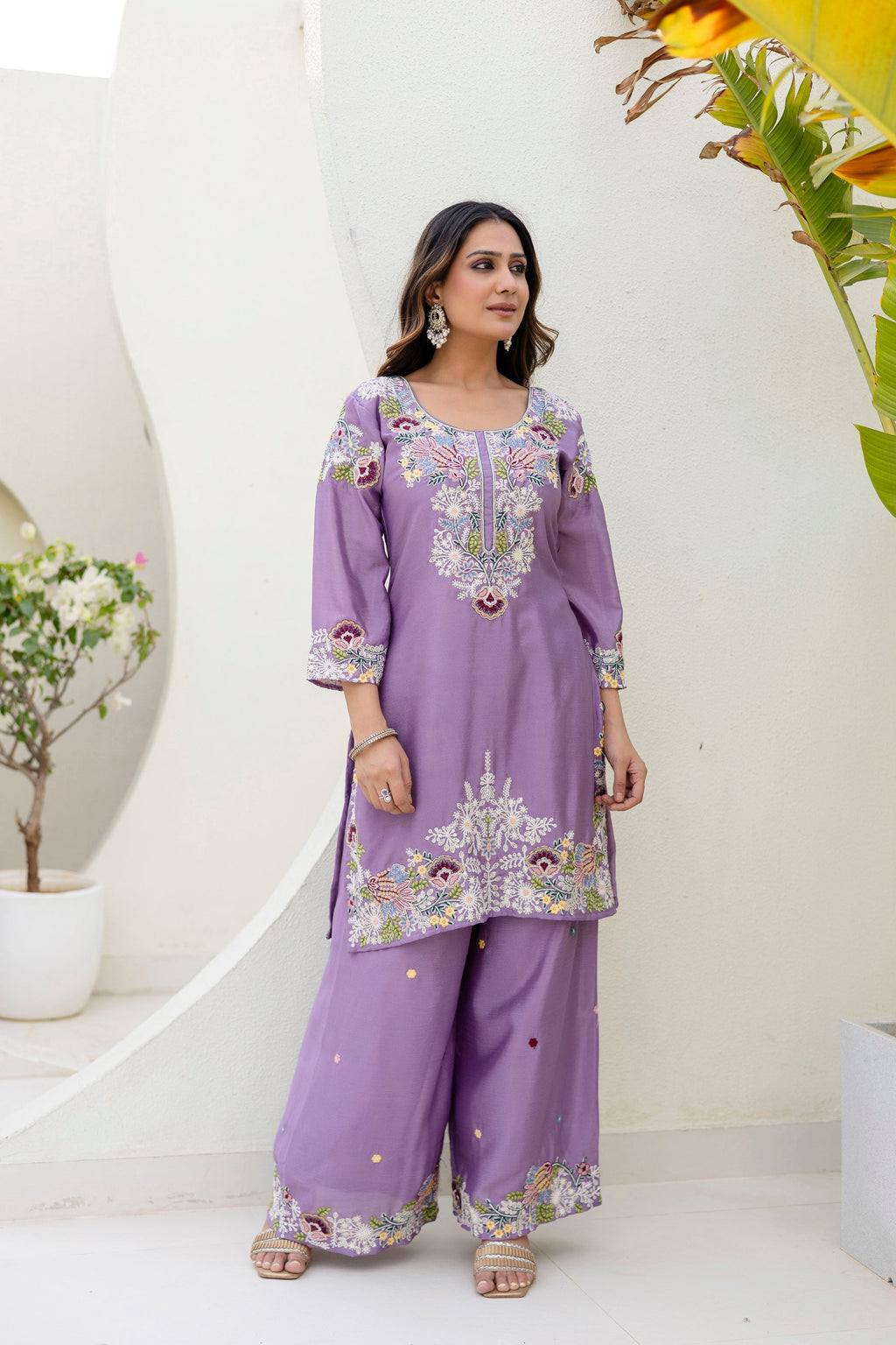 Lorenvalley Fashion Lavender Chinon Embroidery Work With Zardozi Hand Work Kurta Palazzo With Dupatta | Grocsy