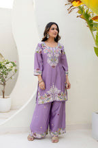 Lorenvalley Fashion Lavender Chinon Embroidery Work With Zardozi Hand Work Kurta Palazzo With Dupatta | Grocsy
