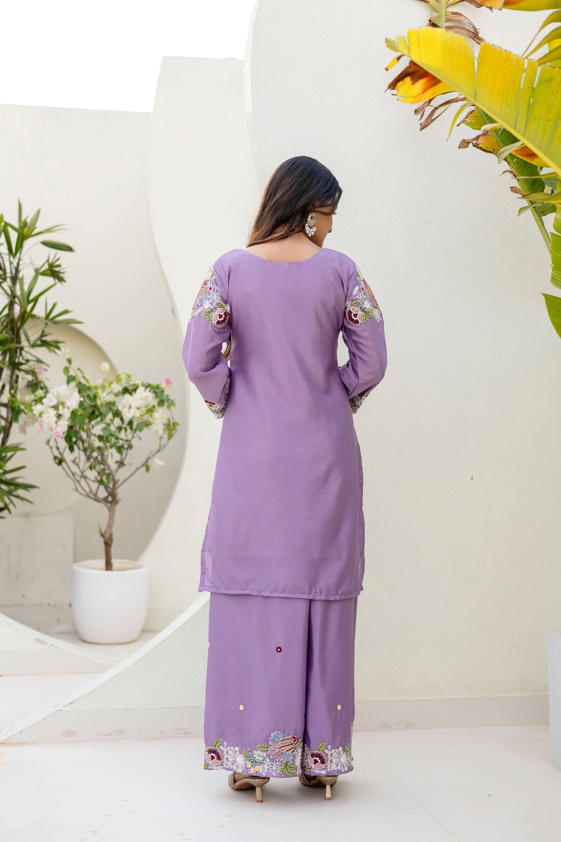Lorenvalley Fashion Lavender Chinon Embroidery Work With Zardozi Hand Work Kurta Palazzo With Dupatta | Grocsy