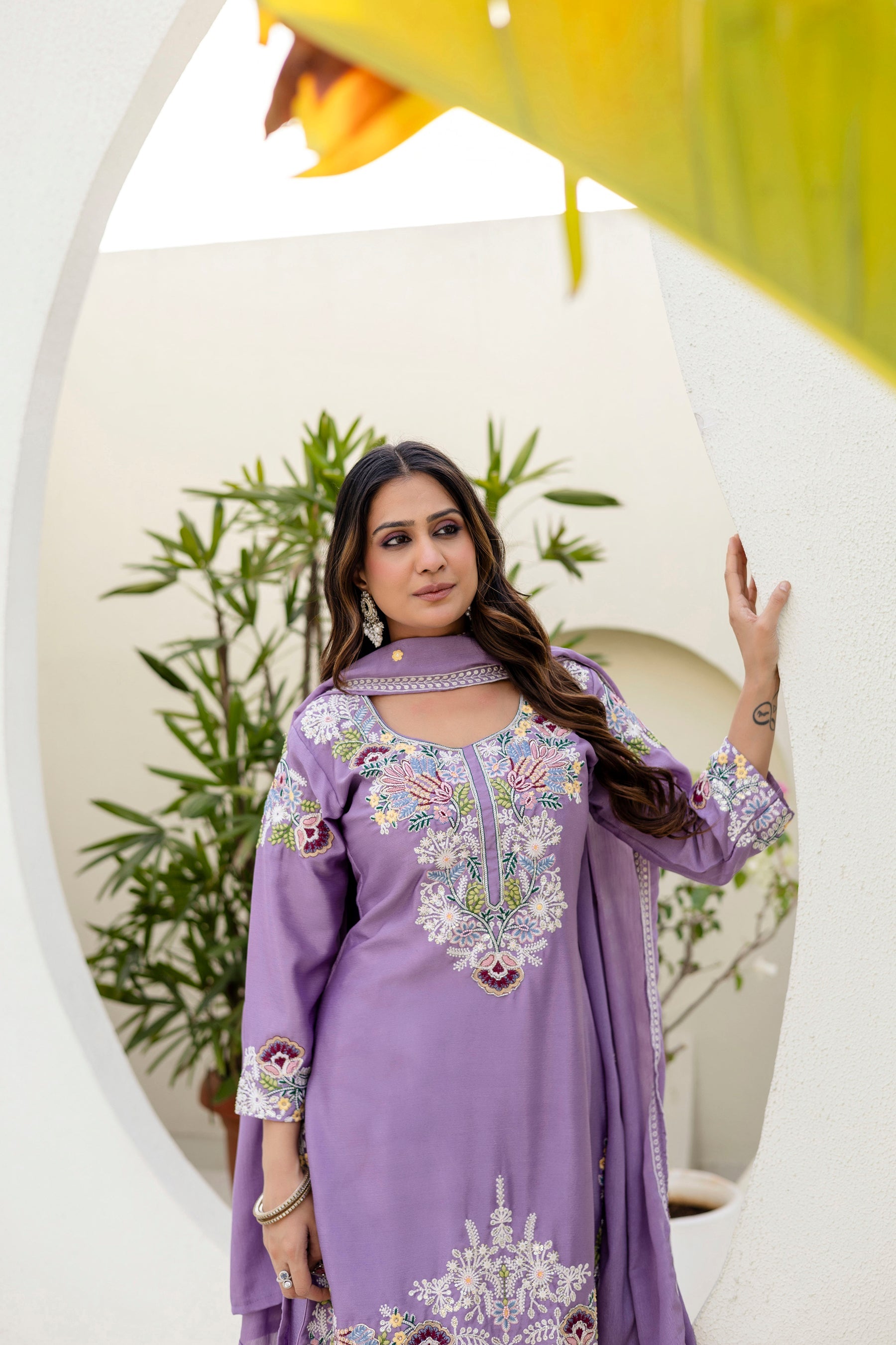 Lorenvalley Fashion Lavender Chinon Embroidery Work With Zardozi Hand Work Kurta Palazzo With Dupatta | Grocsy