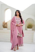 Lorenvalley Fashion Pink Chinon Embroidery Work With Zardozi Hand Work Kurta Palazzo With Dupatta | Grocsy