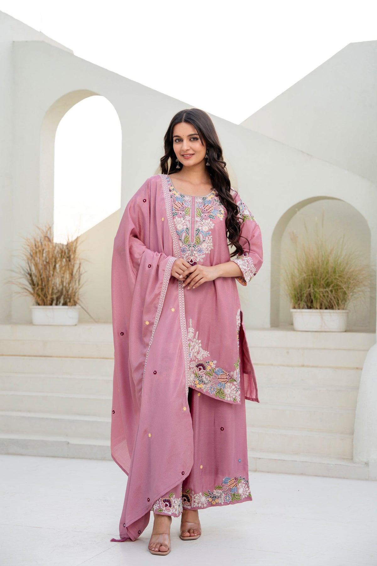 Lorenvalley Fashion Pink Chinon Embroidery Work With Zardozi Hand Work Kurta Palazzo With Dupatta | Grocsy