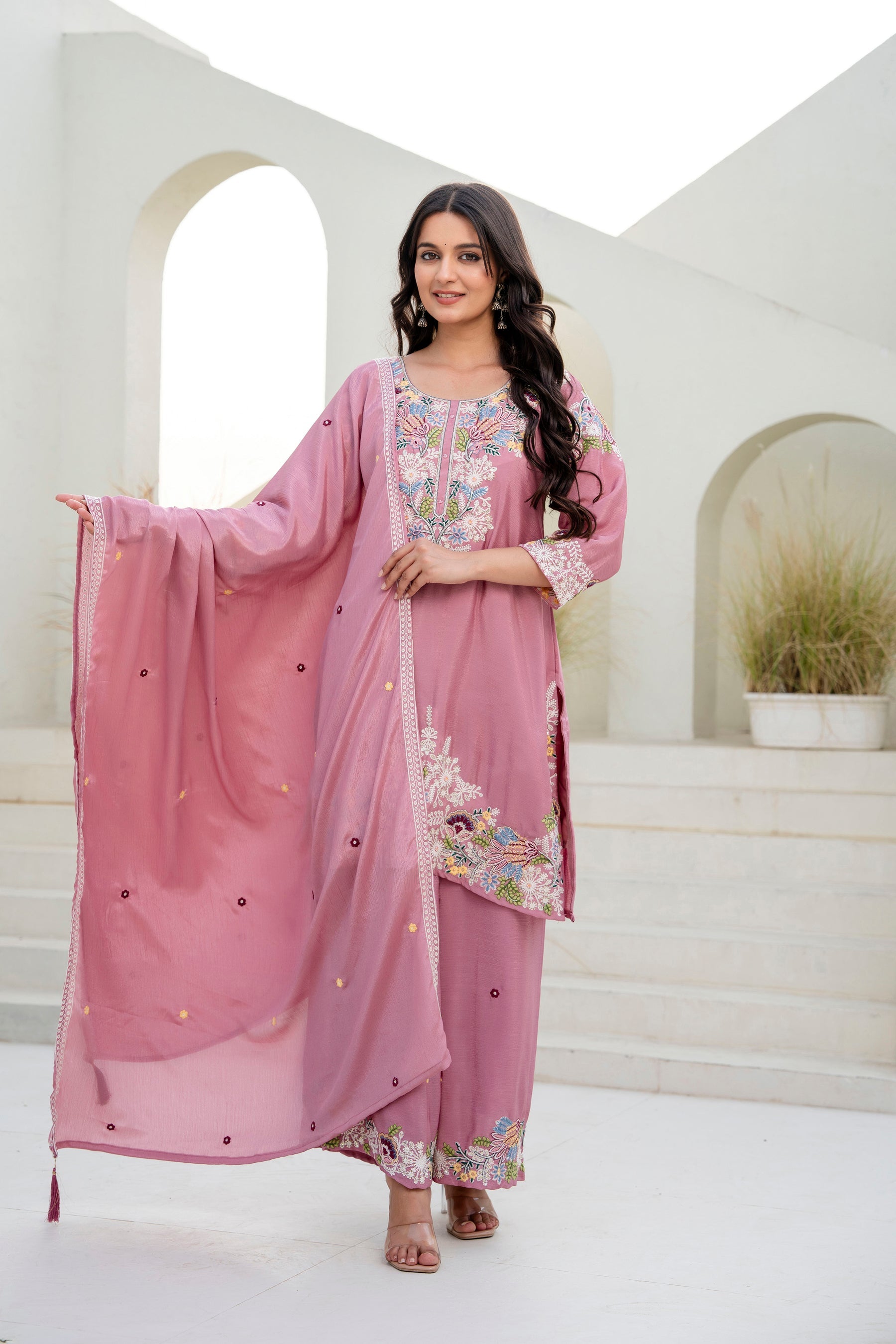 Lorenvalley Fashion Pink Chinon Embroidery Work With Zardozi Hand Work Kurta Palazzo With Dupatta | Grocsy