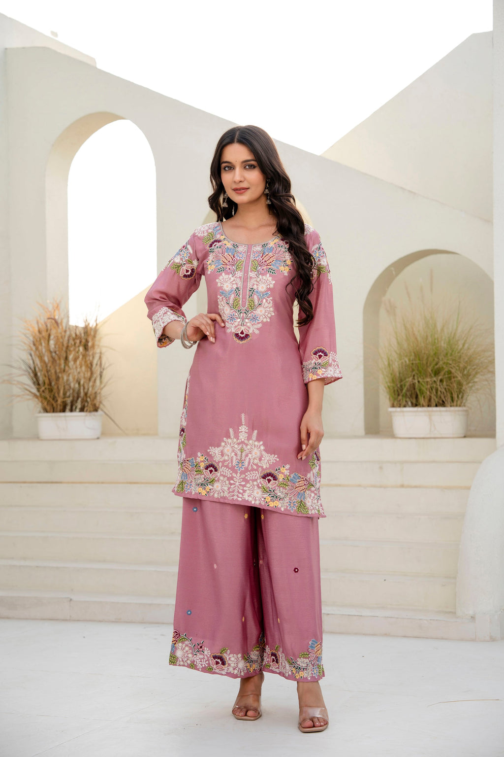 Lorenvalley Fashion Pink Chinon Embroidery Work With Zardozi Hand Work Kurta Palazzo With Dupatta | Grocsy