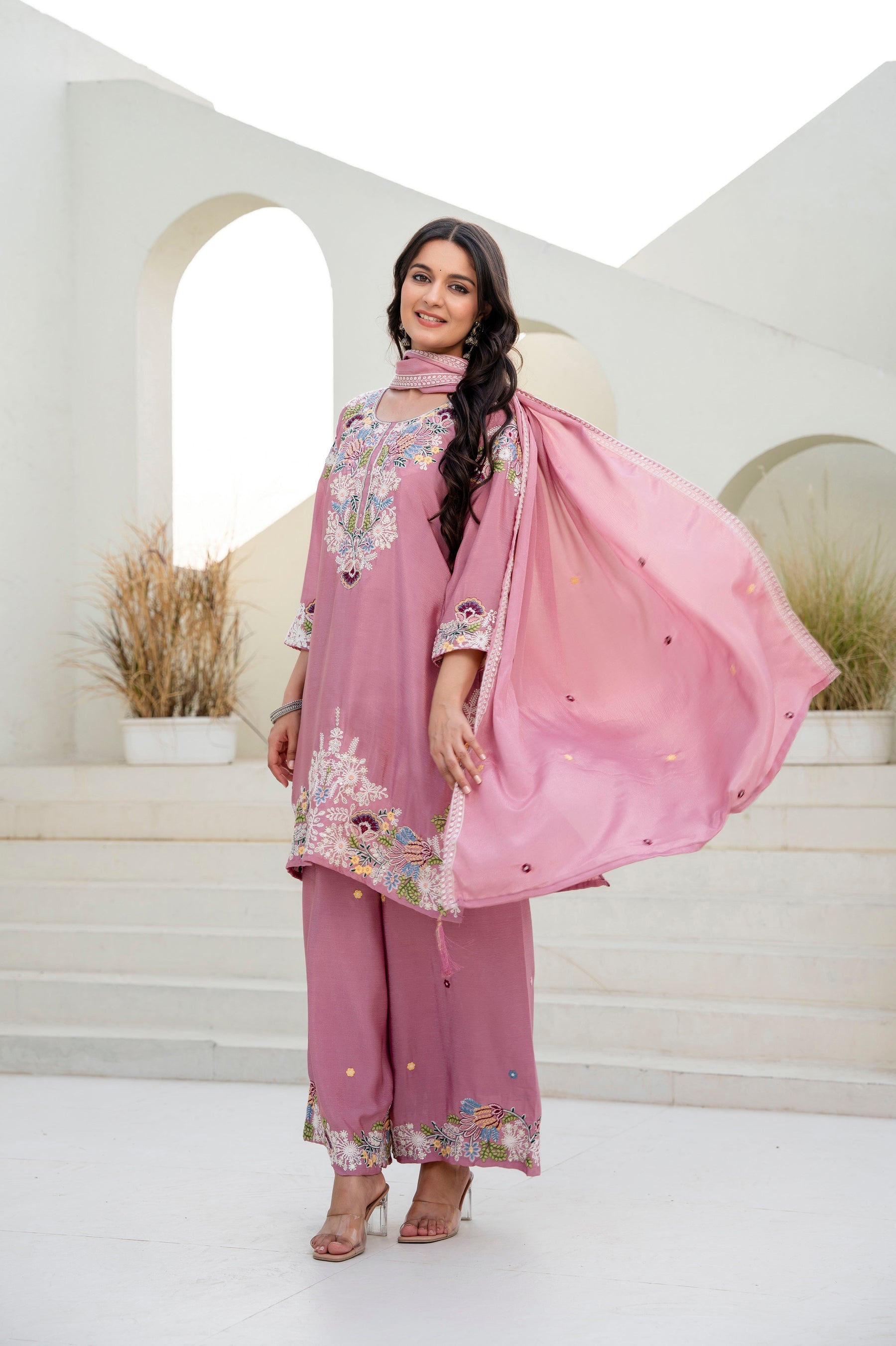 Lorenvalley Fashion Pink Chinon Embroidery Work With Zardozi Hand Work Kurta Palazzo With Dupatta | Grocsy