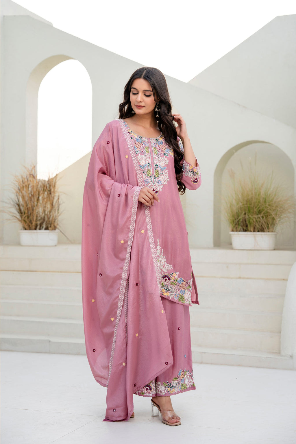 Lorenvalley Fashion Pink Chinon Embroidery Work With Zardozi Hand Work Kurta Palazzo With Dupatta | Grocsy