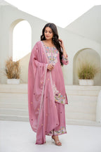 Lorenvalley Fashion Pink Chinon Embroidery Work With Zardozi Hand Work Kurta Palazzo With Dupatta | Grocsy