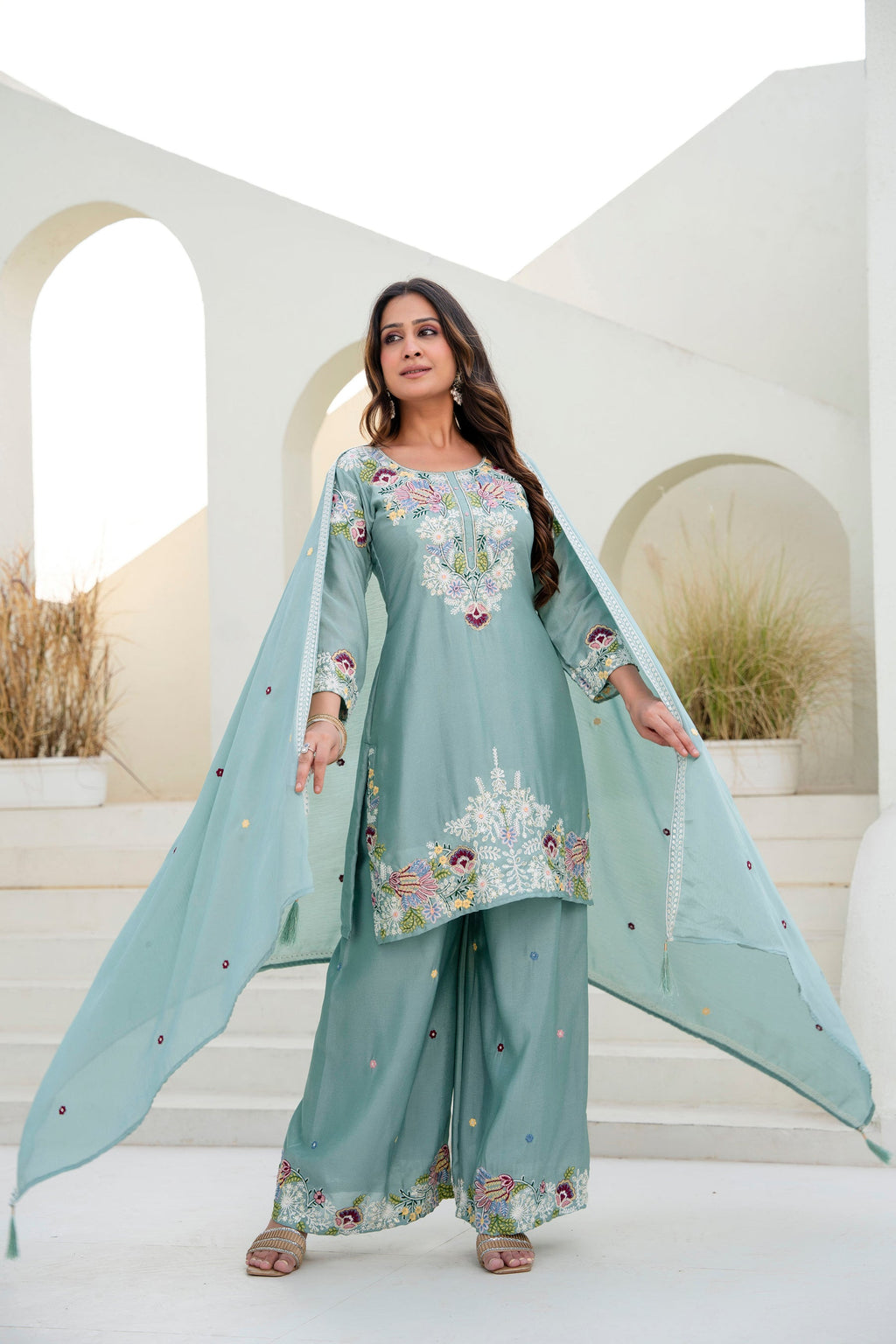 Lorenvalley Fashion Seagreen Chinon Embroidery Work With Zardozi Hand Work Kurta Palazzo With Dupatta | Grocsy