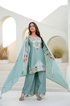 Lorenvalley Fashion Seagreen Chinon Embroidery Work With Zardozi Hand Work Kurta Palazzo With Dupatta | Grocsy