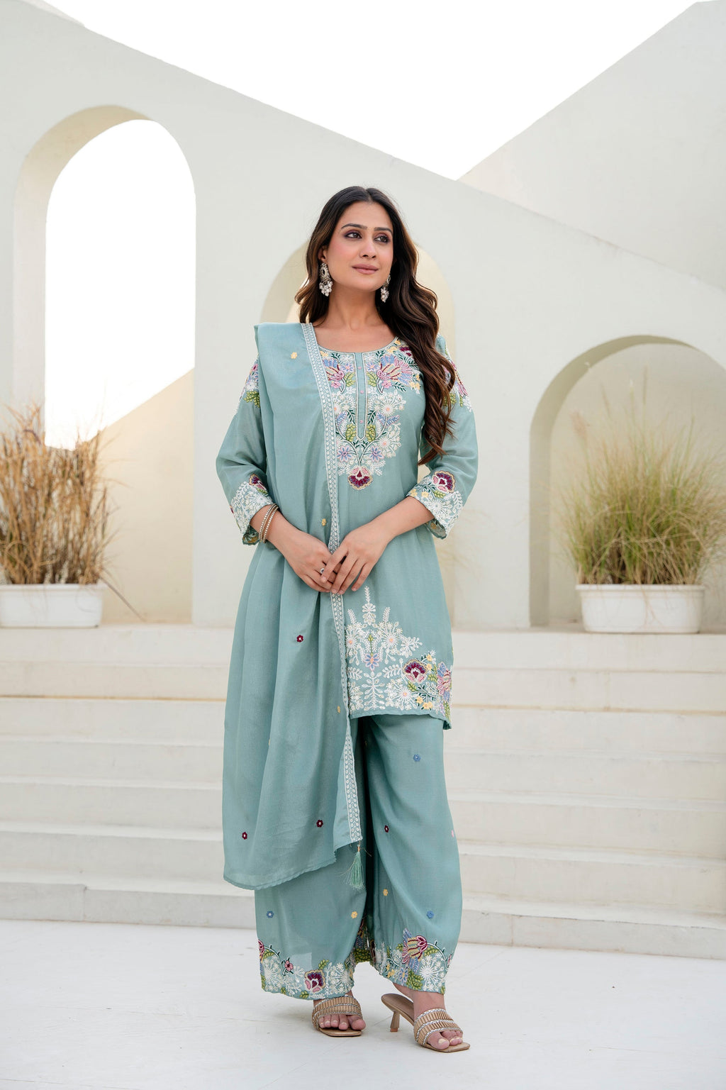 Lorenvalley Fashion Seagreen Chinon Embroidery Work With Zardozi Hand Work Kurta Palazzo With Dupatta | Grocsy