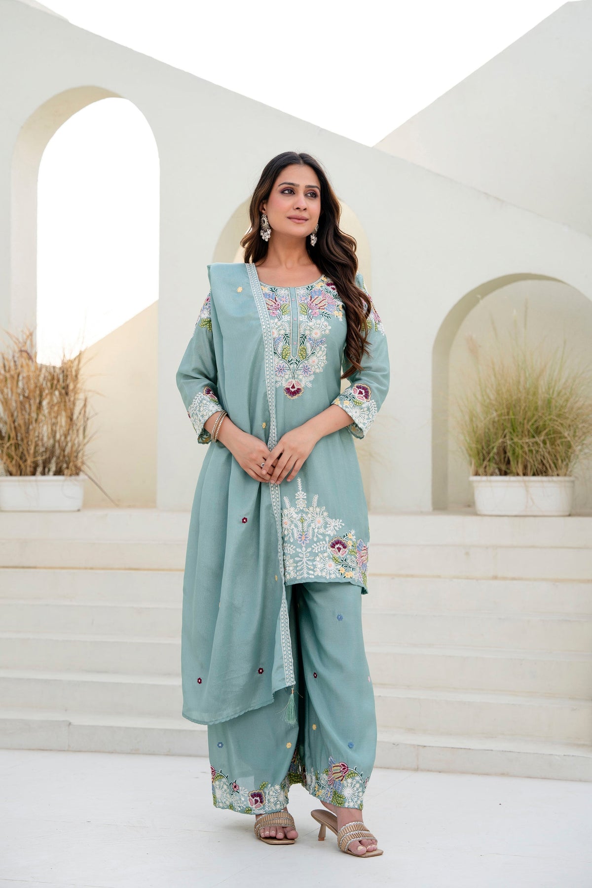 Lorenvalley Fashion Seagreen Chinon Embroidery Work With Zardozi Hand Work Kurta Palazzo With Dupatta | Grocsy