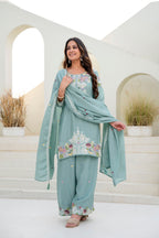 Lorenvalley Fashion Seagreen Chinon Embroidery Work With Zardozi Hand Work Kurta Palazzo With Dupatta | Grocsy