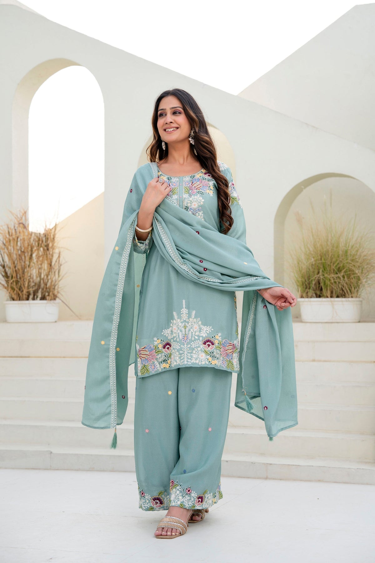 Lorenvalley Fashion Seagreen Chinon Embroidery Work With Zardozi Hand Work Kurta Palazzo With Dupatta | Grocsy