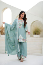 Lorenvalley Fashion Seagreen Chinon Embroidery Work With Zardozi Hand Work Kurta Palazzo With Dupatta | Grocsy