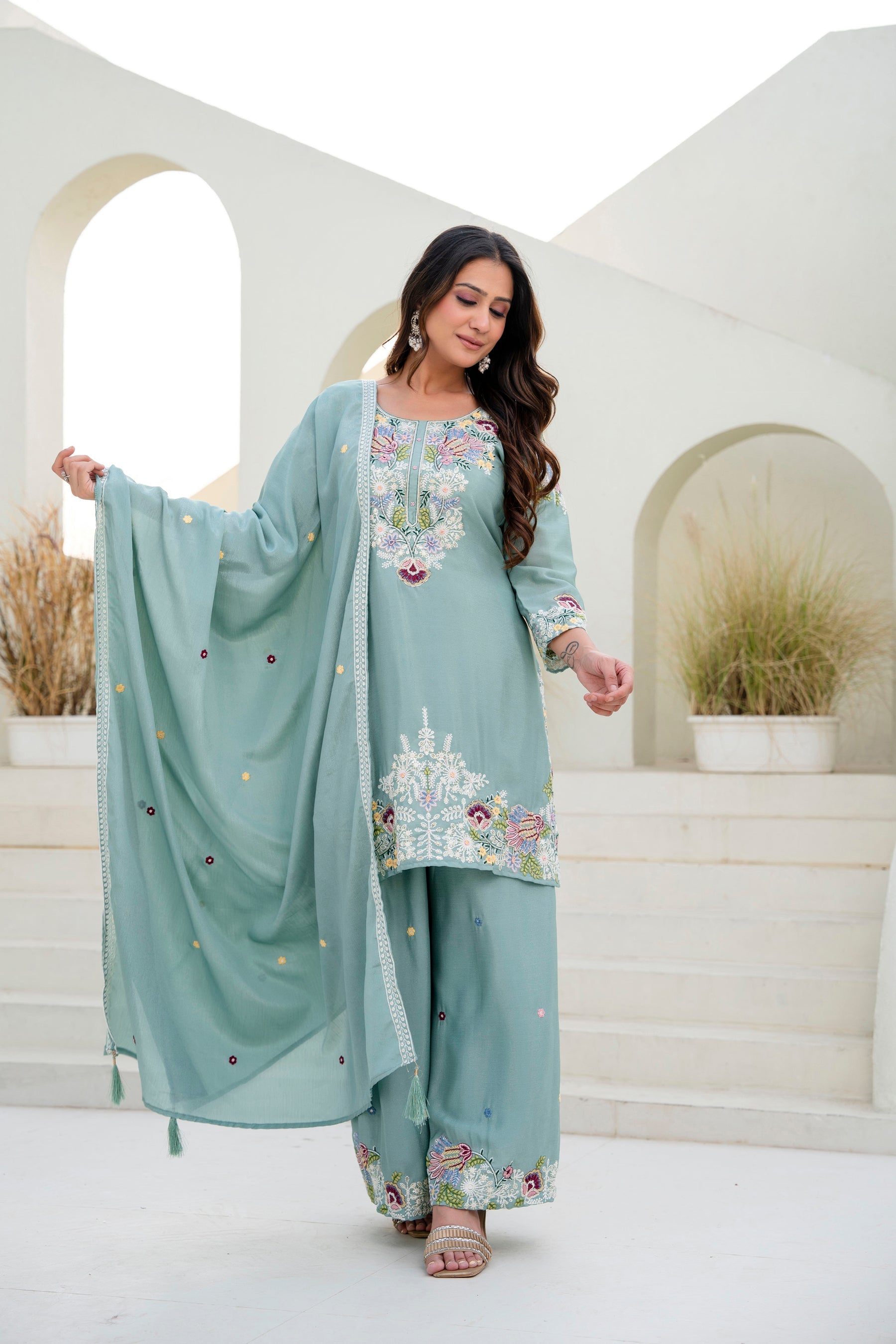 Lorenvalley Fashion Seagreen Chinon Embroidery Work With Zardozi Hand Work Kurta Palazzo With Dupatta | Grocsy