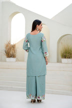 Lorenvalley Fashion Seagreen Chinon Embroidery Work With Zardozi Hand Work Kurta Palazzo With Dupatta | Grocsy