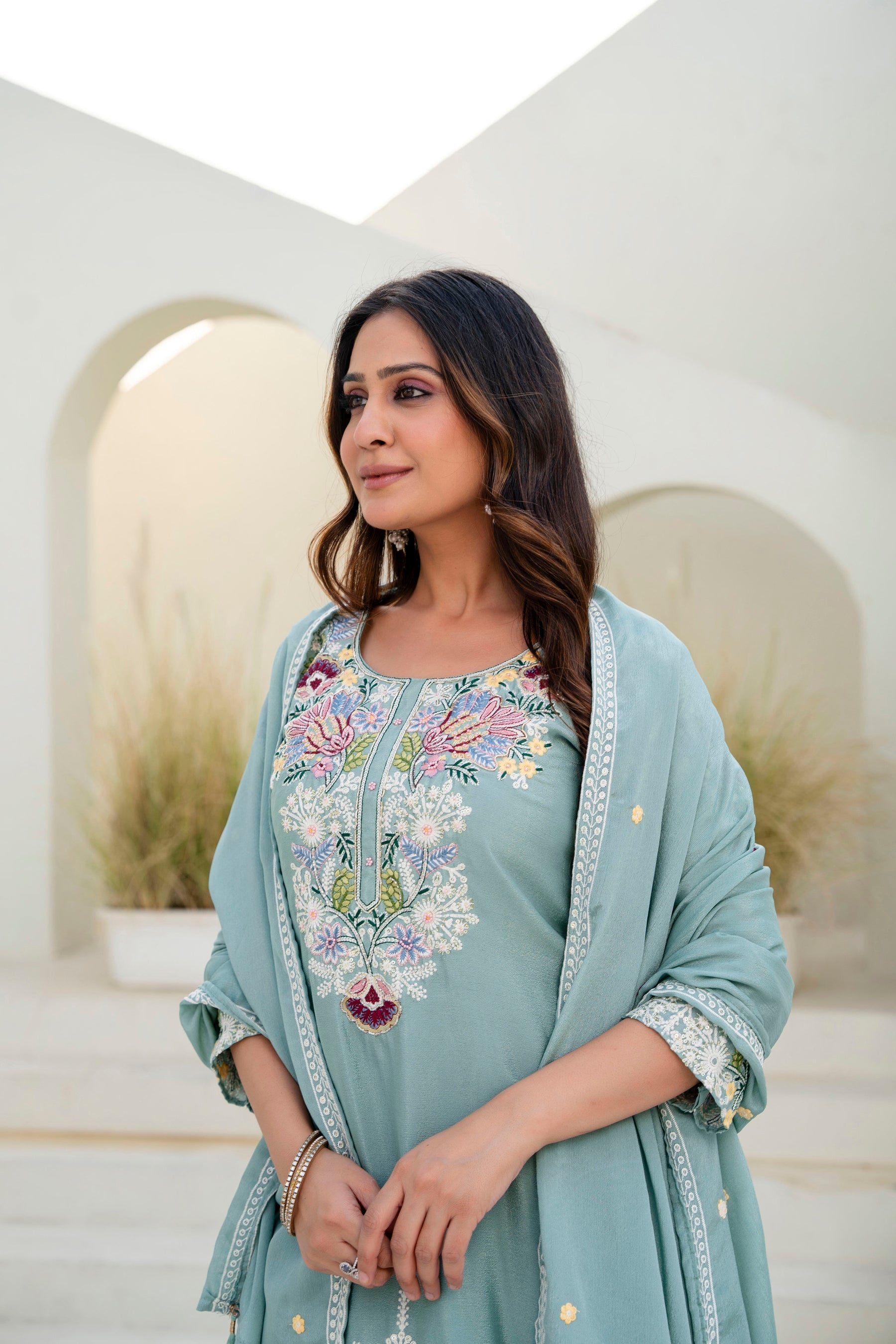 Lorenvalley Fashion Seagreen Chinon Embroidery Work With Zardozi Hand Work Kurta Palazzo With Dupatta | Grocsy