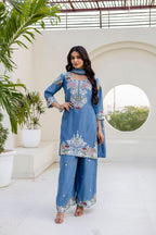 Lorenvalley Fashion Skyblue Chinon Embroidery Work With Zardozi Hand Work Kurta Palazzo With Dupatta | Grocsy