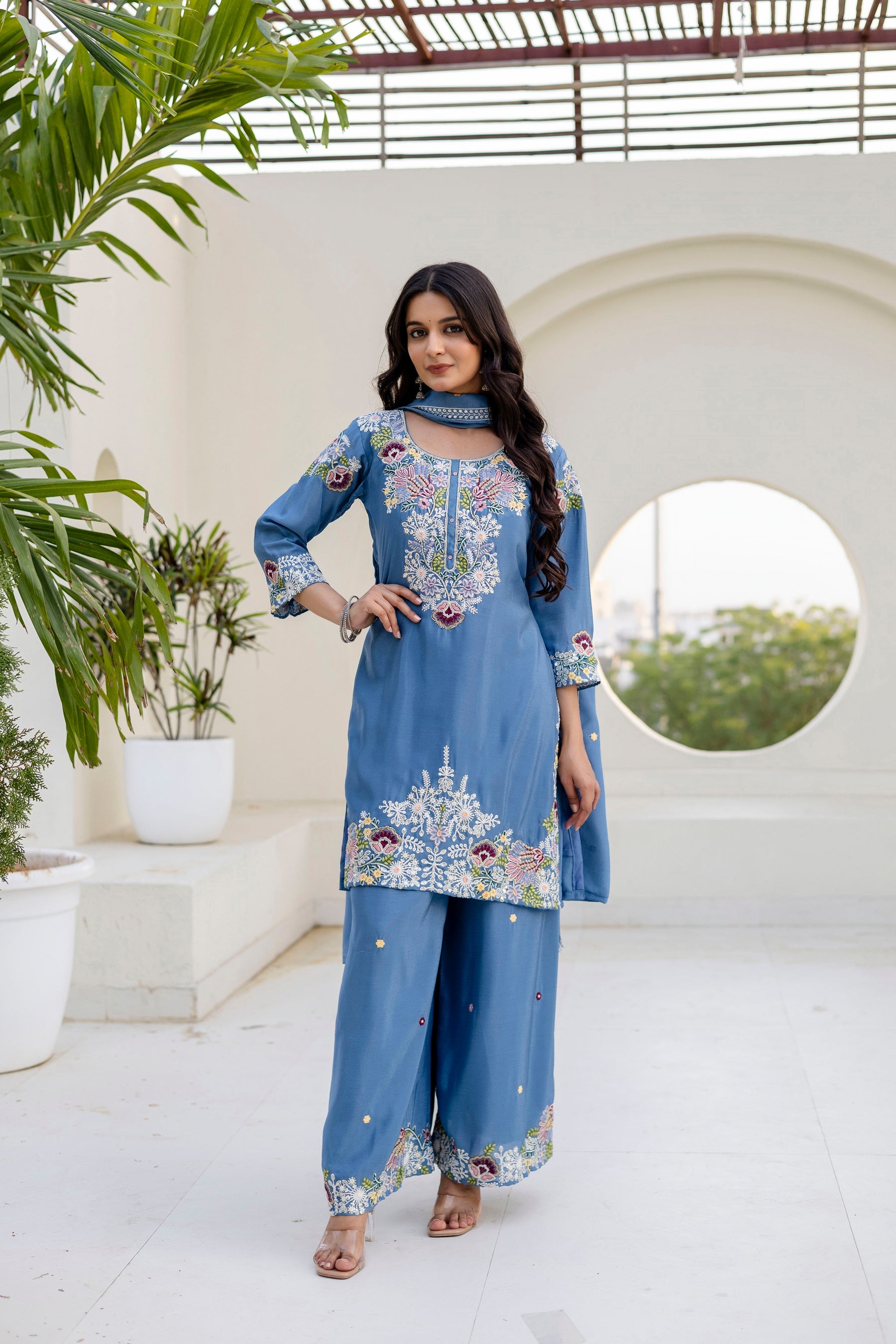 Lorenvalley Fashion Skyblue Chinon Embroidery Work With Zardozi Hand Work Kurta Palazzo With Dupatta | Grocsy