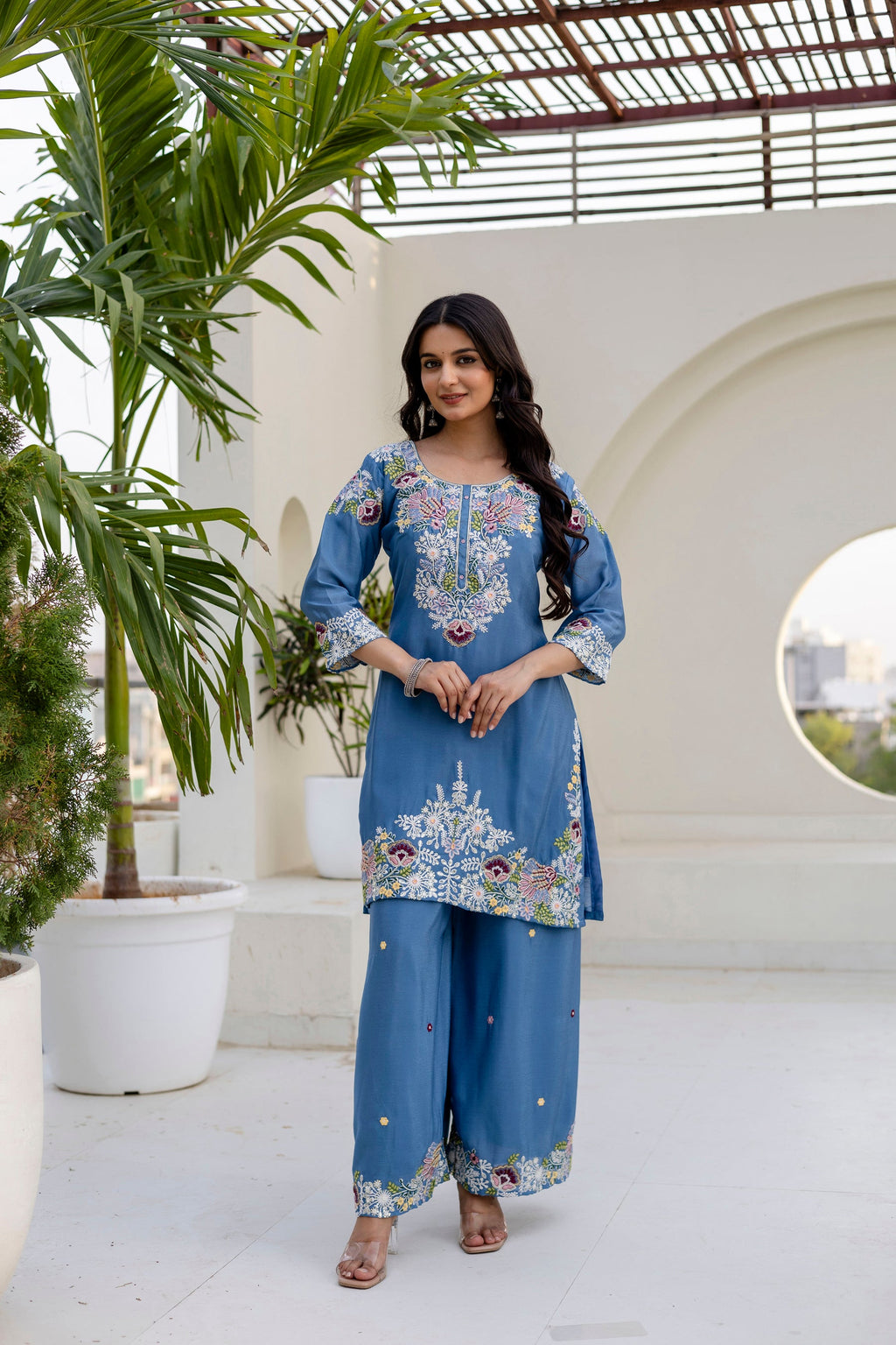 Lorenvalley Fashion Skyblue Chinon Embroidery Work With Zardozi Hand Work Kurta Palazzo With Dupatta | Grocsy