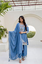 Lorenvalley Fashion Skyblue Chinon Embroidery Work With Zardozi Hand Work Kurta Palazzo With Dupatta | Grocsy