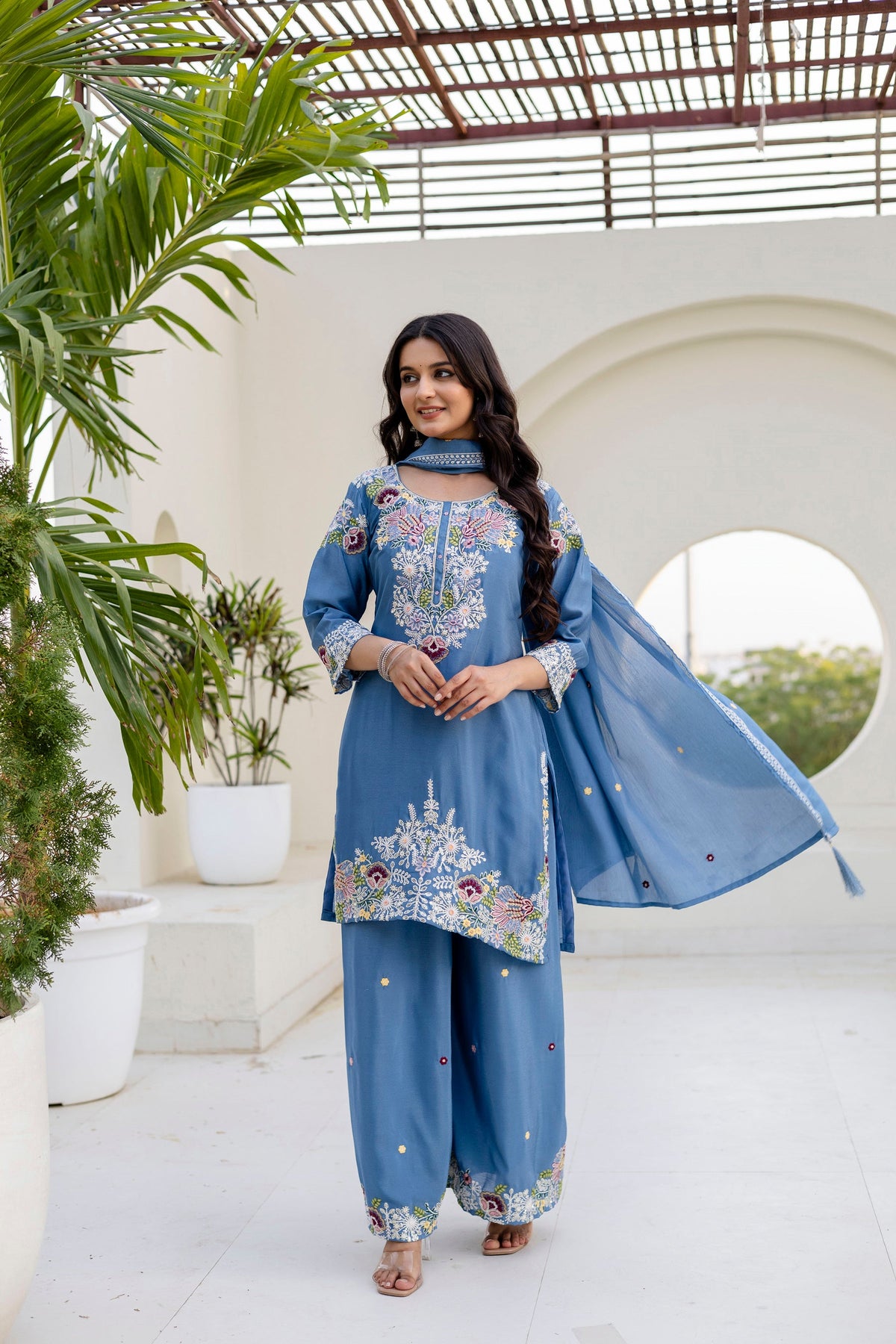 Lorenvalley Fashion Skyblue Chinon Embroidery Work With Zardozi Hand Work Kurta Palazzo With Dupatta | Grocsy